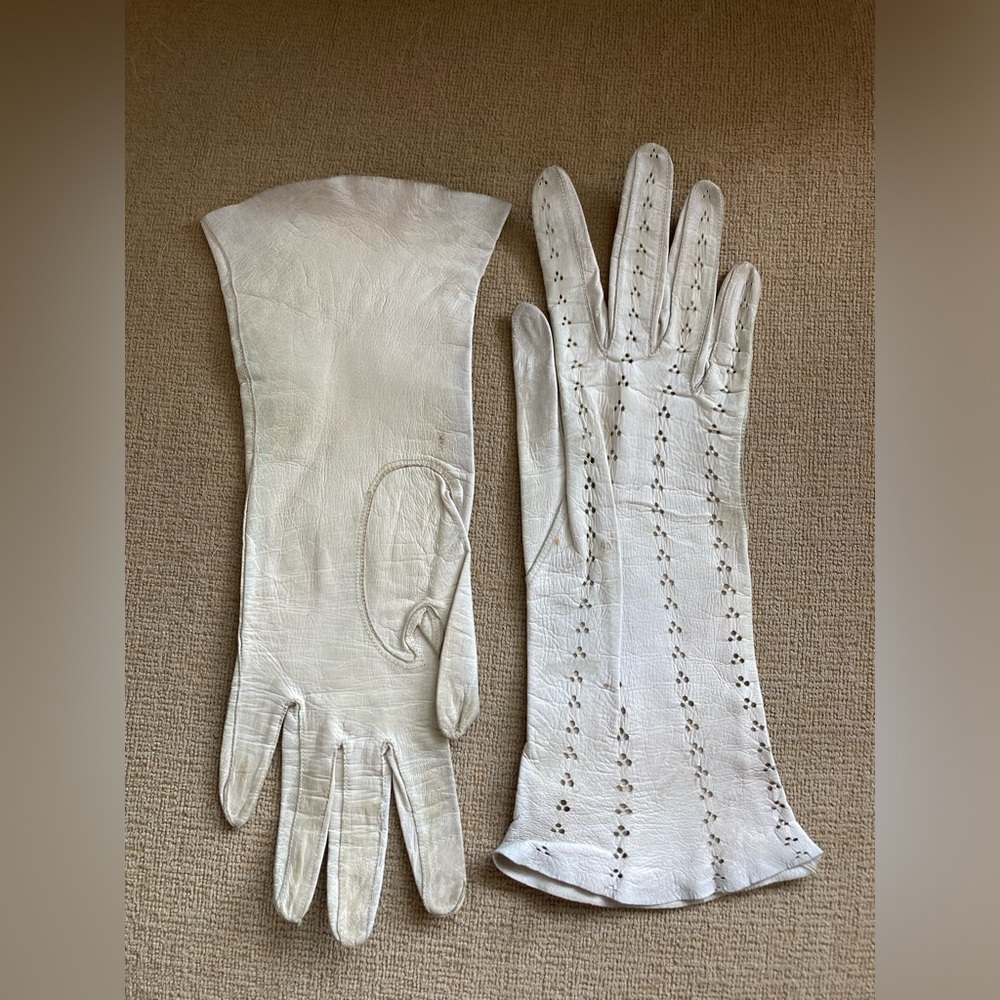 French Vintage White Real Kid Leather Tall Gloves Sz 6 1/4 Made in France